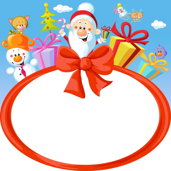 Christmas bow frame wit Santa Claus and gifts- funny vector background illustration — Stock Vector