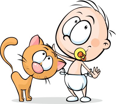 ayakta ve bir kedi - vektör çizim okşayarak yürümeye başlayan çocuk