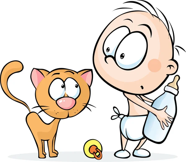 Niño de pie y sosteniendo un biberón de leche y un gato observándolo - ilustración vectorial — Vector de stock