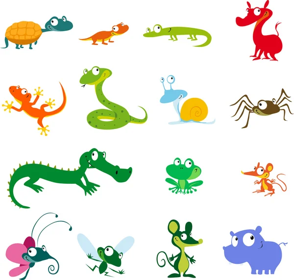 Dibujos animados simples de animales vectoriales - anfibios, reptiles y otras criaturas — Vector de stock