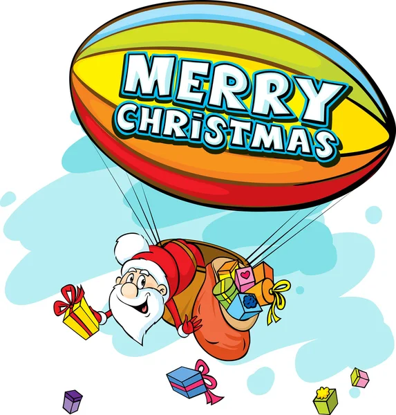 Papai Noel em dirigível cheio de presentes - ilustração vetor engraçado — Vetor de Stock