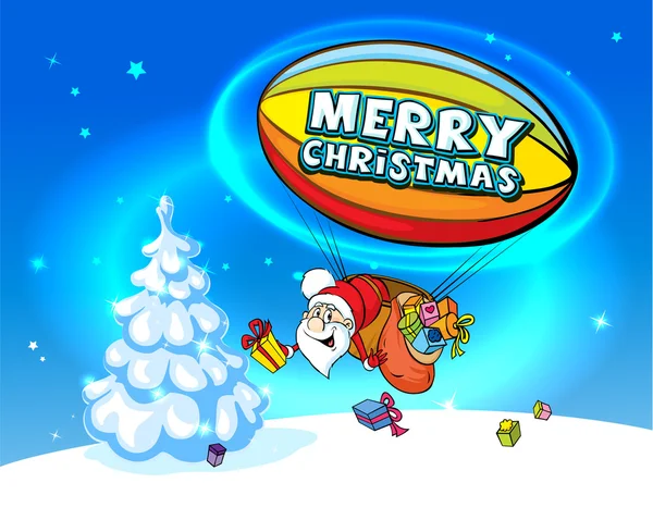 Santa Claus en dirigible lleno de regalos - ilustración vectorial sobre fondo azul brillante — Vector de stock