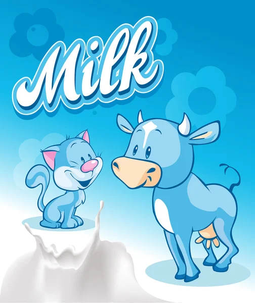 Sevimli inek ve kedi mavi süt tasarımı - vektör çizim — Stok Vektör