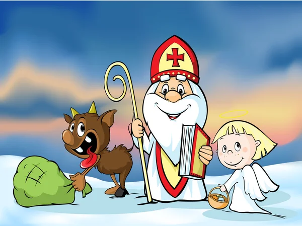 Heiligennikolaus, Teufel und Engel - Vektorillustration. In der Weihnachtszeit warnen und bestrafen sie schlechte Kinder und beschenken gute Kinder. — Stockvektor