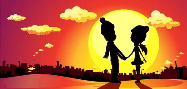 Amore invernale - silhouette amanti nell'illustrazione vettoriale tramonto — Vettoriale Stock