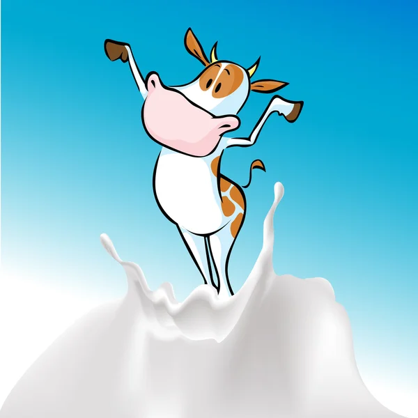 Funny cow and milk splash - vector illustration — Stock Vector