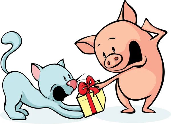 Cerdo y gato luchando por el regalo - ilustraciones alegres — Vector de stock