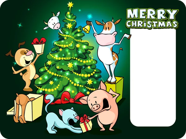 Farm animals celebrate Christmas under the tree - vector illustration xmas card — Stock Vector