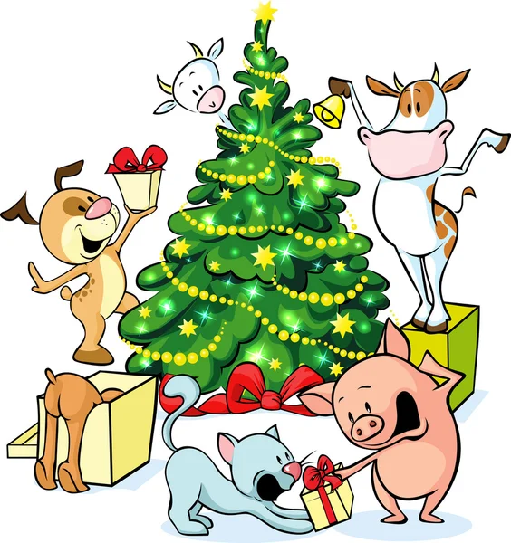 Animales de granja celebran la Navidad bajo el árbol - ilustración vectorial aislado en blanco — Archivo Imágenes Vectoriales