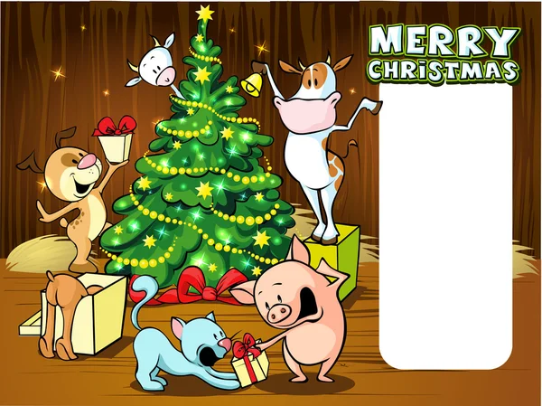 Animals celebrate Christmas - vector illustration xmas card — Stock Vector