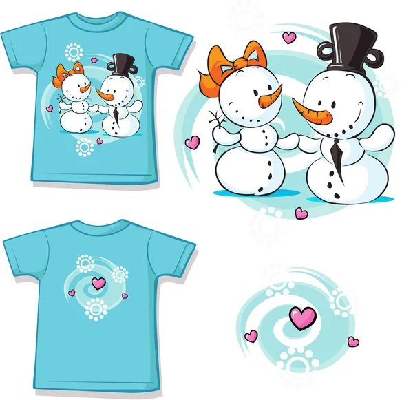 Muñecos de nieve en el amor impreso en la camisa - ilustración vectorial — Vector de stock