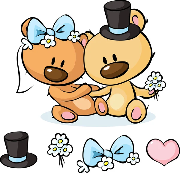 Ursos em vestido de noiva sentados isolados em branco - ilustração vetorial —  Vetores de Stock