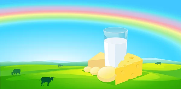 Prodotti lattiero-caseari con sfondo naturale arcobaleno - illustrazione vettoriale — Vettoriale Stock