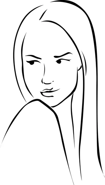 Hermosa mirada ilustración mujer joven a la izquierda - vector de línea negro — Vector de stock