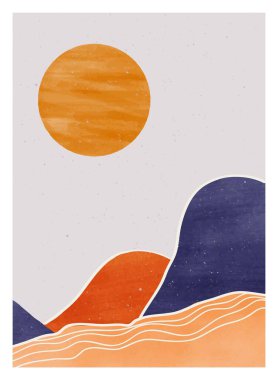 Orta yüzyıl modern minimalist sanat baskısı. Soyut çağdaş estetik arka planlar. Güneş, Ay, deniz, orman, dağlar. vektör çizimleri