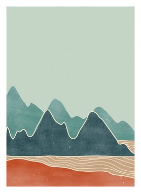 Orta yüzyıl modern minimalist sanat baskısı. Soyut çağdaş estetik arka planlar, orman, dağlar, deniz, dalga, gökyüzü. vektör çizimleri