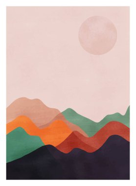Orta yüzyıl modern minimalist sanat baskısı. Soyut çağdaş estetik arka planlar. Güneş, Ay, deniz, orman, dağlar. vektör çizimleri