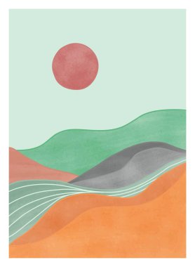 Orta yüzyıl modern minimalist sanat baskısı. Soyut, çağdaş, estetik arka planlar dağ, güneş, ay, deniz ve ormanla kurulmuş manzaralar. vektör çizimleri