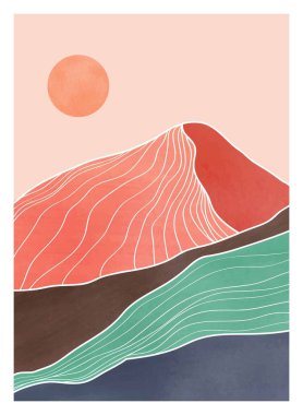 Orta yüzyıl modern minimalist sanat baskısı. Soyut çağdaş estetik arka planlar sanat dağı, güneş, ay, deniz, orman çizgileri. vektör çizimleri