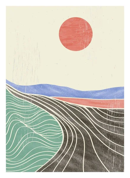 Orta yüzyılın modern resimlerini çizen yaratıcı minimalist el yazısı. Doğal soyut manzara arka planı. dağ, orman, deniz, gökyüzü, güneş ve nehir