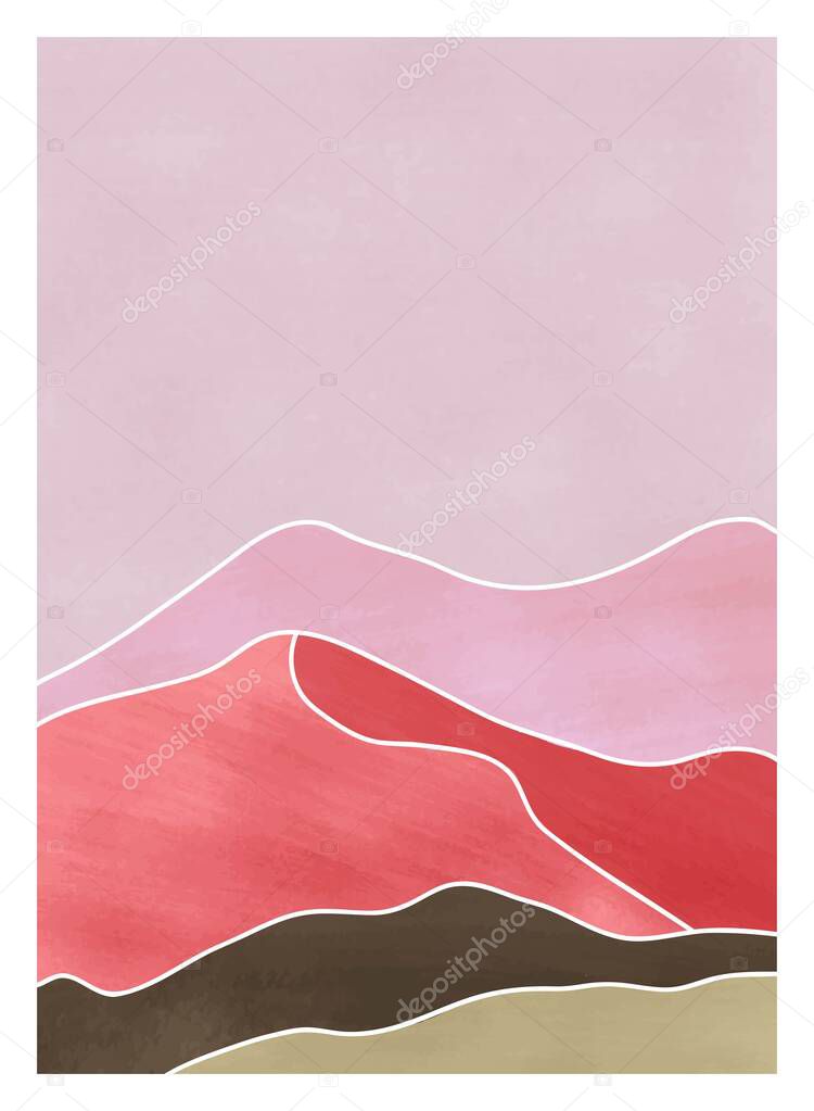 Mid century modern minimalist art print. Abstract contemporary aesthetic backgrounds landscapes set with line art mountain, Sun, Moon, sea, forest. vector illustrations