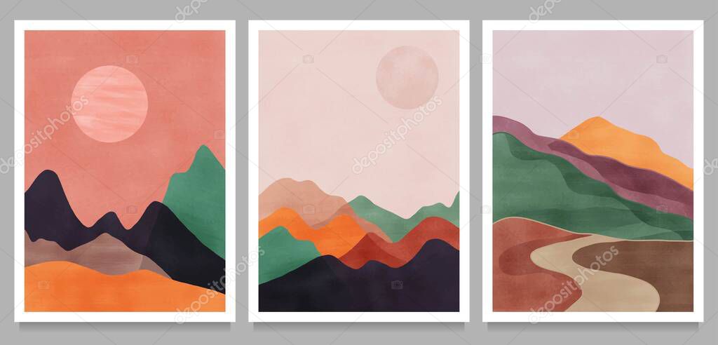 Mid century modern minimalist art print. Abstract contemporary aesthetic backgrounds landscapes set with Sun, Moon, sea, forest, mountains. vector illustrations