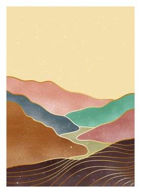 Yaratıcı minimalist el yapımı vektör kümesi Orta Çağ modern resimlerini çizdi. Dağ, orman, deniz, gökyüzü, güneş ve nehir ile doğal arkaplan