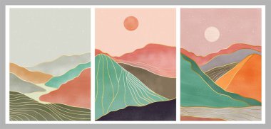 Doğal soyut dağ seti. Orta yüzyıl modern minimalist sanat baskısı. Soyut çağdaş estetik arka planlar. vektör çizimleri