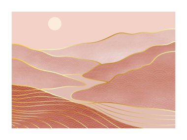 Soyut dağ manzarası. Orta yüzyılın modern resimlerini çizen yaratıcı minimalist el yazısı. Asya Japon desenli Vektör Geometrik manzara