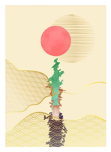 숨막히는 창조적 미니멀리즘자의 Mid Century Modern 삽화를 그렸다 일본의 모양을 — 스톡 벡터