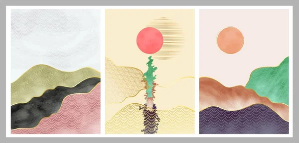 Verzameling Van Abstracte Berglandschappen Creatieve Minimalistische Hand Geschilderde Illustraties Van — Stockvector