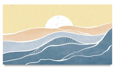 Yaratıcı minimalist modern çizgi baskı seti. Soyut okyanus dalgaları çağdaş estetik arka planlar manzaralar. Deniz, ufuk çizgisi, dalga. vektör çizimleri