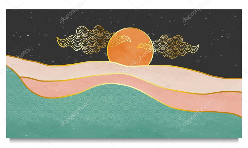 set of Mid century modern minimalist. Abstract nature, sea, sky, moon, rock mountain landscape poster. Geometric landscape background in japanese style. Vector illustration