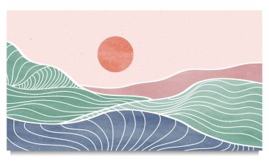 Yaratıcı minimalist modern çizgi baskı seti. Soyut okyanus dalgaları çağdaş estetik arka planlar manzaralar. Deniz, dağ, ufuk çizgisi, dalga. vektör çizimleri