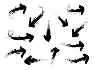 El çizimi fırça takımı. Çeşitli yönlerde ok simgesi. Doodle vektör çizimi. beyaz arkaplanda izole edilmiş