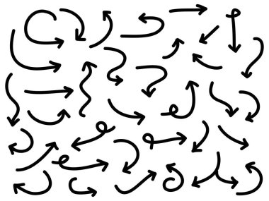 El çizimi Oklar simgeleri ayarlandı. Çeşitli yönlerde ok simgesi. Doodle vektör çizimi. beyaz arkaplanda izole edilmiş