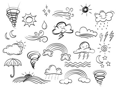 El çizimi soyut karalama hava elementleri seti. Rüzgar, bulut, şimşek, şemsiye, güneş, ay, yağmur, gökkuşağı. Beyaz arka planda izole edilmiş. vektör illüstrasyonu