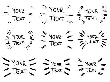 Çizgi roman biçiminde vurgu metni için tasarım elementlerinin vektör elle çizilmiş koleksiyonu