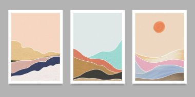 Bir dizi yaratıcı minimalist el yapımı Orta Çağ modern çizimleri. Doğal soyut manzara arka planı. dağ, orman, deniz, gökyüzü, dalga