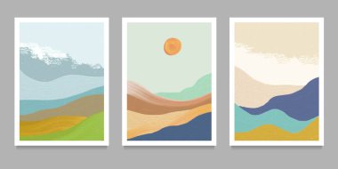 Bir dizi yaratıcı minimalist el yapımı Orta Çağ modern çizimleri. Doğal soyut manzara arka planı. dağ, orman, deniz, gökyüzü, dalga