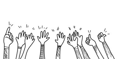 El ele tutuşup alkışlıyoruz. Alkış, başparmak işareti karalama tarzı, vektör illüstrasyonu