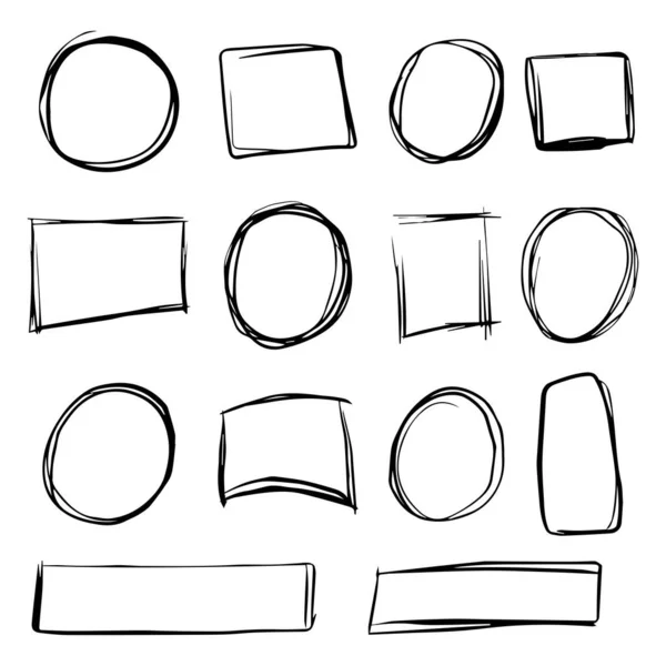 Set Aus Handgezeichneten Kritzelstrichkreisen Und Quadratischen Kästchen Verwendung Für Das — Stockvektor