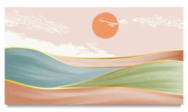 Soyut dağ manzarası arka planı. Orta yüzyılın sanat eserlerinin çizimlerini çizen yaratıcı minimalist el yazısı.