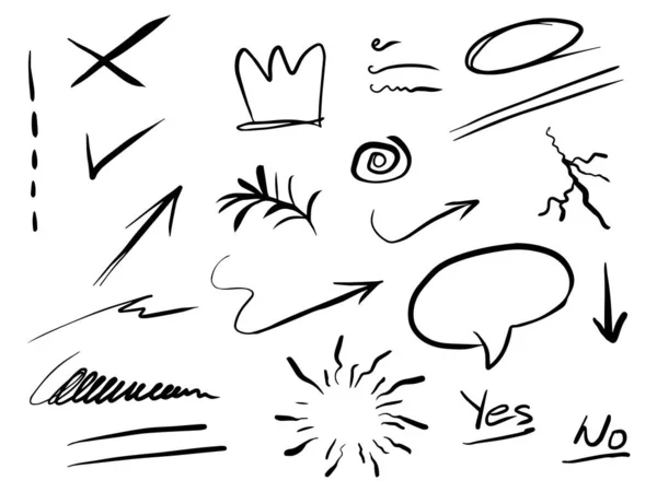 Handgetekende Set Van Abstracte Doodle Elementen Met Kroon Spleet Werveling — Stockvector