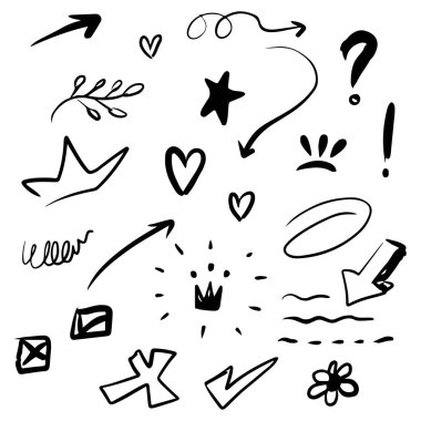 Sevgi, yıldız, taç, girdap, girdap, karalama, haç, ok, metin vurgusu içeren soyut karalama elementleri dizisi. Beyaz arka planda izole edilmiş. vektör illüstrasyonu