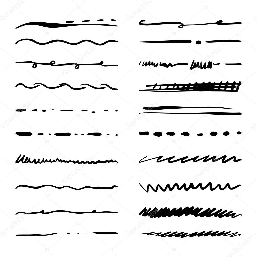 Hand drawn set of divider, underline, curly swishes, swashes, swoops. swirl, signature. Highlight text elements. doodle vector illustration