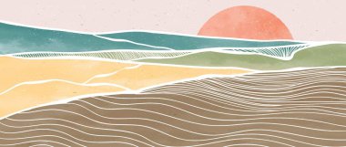 Yaratıcı minimalist modern boya ve çizgi sanat baskısı. Soyut okyanus dalgası ve dağ estetik arka planlar. Deniz, ufuk çizgisi, dalga. vektör çizimleri
