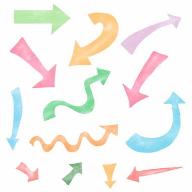 Yönlendirici Şekiller ve Nesneler ile renklendirilmiş çeşitli Doodle Okları. El çizimi vektör illüstrasyonu