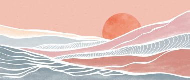 Yaratıcı minimalist modern boya ve çizgi sanat baskısı. Soyut okyanus dalgası ve dağ estetik arka planlar. Deniz, ufuk çizgisi, dalga. vektör çizimleri