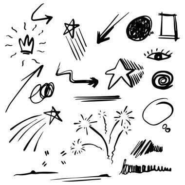 Beyaz arka planda izole edilmiş konsept tasarım için el çizimi karalama elementleri. Bilgi elementleri. vektör illüstrasyonu